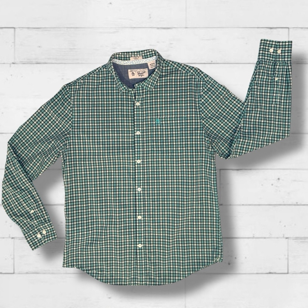 Original Penguin Men’s Classic Plaid Button-Down Shirt Green Blue Check Size M
